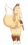anthro big_breasts biped breasts brown_body brown_fur canid canine clothing dangan female fox fur headgear headgear_only headwear headwear_only holding_object huge_breasts inner_ear_fluff kemono leg_markings looking_at_viewer looking_back mammal markings mostly_nude muramasa:_princess_commander okabe_masatsuna pupils rear_view silicon_studio simple_background slit_pupils socks_(marking) solo tail tuft white_background white_body white_fur white_inner_ear_fluff yellow_body yellow_eyes yellow_fur