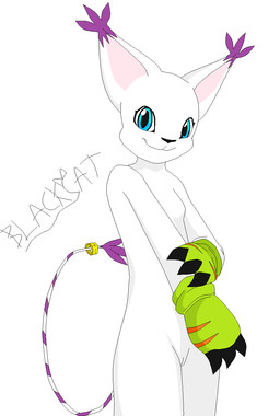 anthro blue_eyes breasts ear_tuft female fur genitals looking_at_viewer smile solo tail tuft vulva white_body white_fur blackcat bandai_namco digimon digimon_(species) felid gatomon mammal hi_res source_request