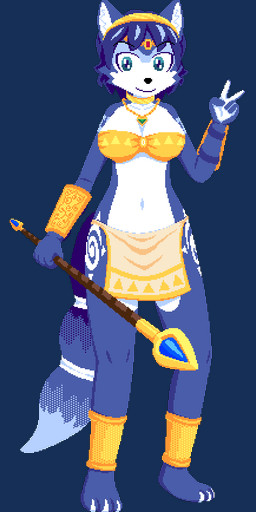3_toes accessory anklet anthro armwear barefoot big_breasts biped blue_body blue_eyes blue_fur blue_hair bottomwear breasts claws cleavage clothed clothing feet female female_anthro fur hair hair_accessory hairband jewelry loincloth looking_at_viewer navel necklace paws plantigrade simple_background smile solo staff tail toe_claws toes transparent_background weapon white_body white_fur frigadae nintendo star_fox krystal_(star_fox) canid canine fox mammal 2019 alpha_channel digital_media_(artwork) full-length_portrait pixel_(artwork) portrait