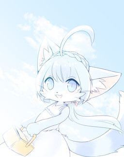 accessory ahoge anthro basket blue_body blue_eyes blue_fur braided_hair clothed clothing cloud container dress female female_anthro fully_clothed fur hair hair_accessory holding_object inner_ear_fluff kemono looking_at_viewer open_mouth open_smile outside picnic_basket sky smile solo standing tuft whiskers white_clothing white_dress canopus335 cat_busters akurara domestic_cat felid feline felis mammal