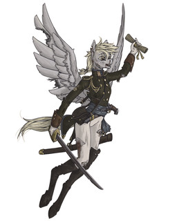 5_fingers anthro blood bodily_fluids boots clothing coat eyebrows eyelashes female fingers flintlock_pistol flying footwear gun handgun hooves legwear long_boots melee_weapon open_mouth open_smile pistol ranged_weapon sash scroll shoes simple_background smile solo sword thigh_boots thigh_highs topwear torn_clothing uniform weapon white_background wings madhotaru friendship_is_magic hasbro my_little_pony mythology derpy_hooves_(mlp) equid equine mammal mythological_creature mythological_equine pegasus 2020 4:5 digital_media_(artwork) hi_res