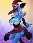 anthro anthrofied big_breasts blue_body blue_fur blue_hair breasts cleavage clothed clothing cutie_mark dress eyewear female fur glasses hair hat headgear headwear huge_breasts looking_at_viewer open_mouth purple_eyes solo witch_hat zwitterkitsune dragon's_crown friendship_is_magic hasbro my_little_pony vanillaware sorceress_(dragon's_crown) trixie_(mlp) equid equine horse mammal pony 2015 digital_media_(artwork)