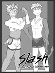 3:4 abstract_background anthro anthrofied border boxer_briefs bras_d'honneur bulge cid_(fuze) clothed clothing duo english_text fuze generation_5_pokemon generation_6_pokemon gesture grey_border greyscale hi_res male monochrome navel nintendo nipples pokemon pokemon_(species) pokemorph quilladin servine text topless underwear underwear_only