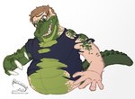 anthro belly brown_hair claws clothed clothing confusion eyewear glasses green_body green_scales hair human_to_anthro logo male mid_transformation open_mouth overweight overweight_anthro overweight_male scales simple_background solo species_transformation tail tail_ridge teeth text tongue torn_clothing transformation weight_gain white_background recurrent alligator alligatorid crocodilian human mammal reptile scalie 2023 artist_logo artist_name dated