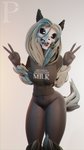 anthro black_body black_claws black_clothing black_fur blender_logo bone bottomless bottomless_female breasts claws clothed clothing double_v_sign female fur gesture grey_hair hair hand_gesture medium_breasts navel partially_clothed shirt skull skull_head solo t-shirt tail tail_tuft text text_on_clothing text_on_shirt text_on_topwear tongue tongue_out topwear tuft v_sign white_eyes wide_hips peterlangtonsfm cumminham_(modeler) scp_foundation scp-1471-a canid canine malo mammal monster 2021 3d_(artwork) 4k 9:16 absurd_res blender_(artwork) digital_media_(artwork) english_text hi_res