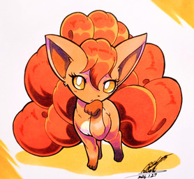 ambiguous_gender blush blush_lines eyelashes feral fur hair looking_at_viewer multi_tail open_mouth orange_body orange_eyes orange_fur orange_hair paws raised_leg simple_background solo tail 025aki nintendo pokemon canid canine generation_1_pokemon mammal pokemon_(species) vulpix 2026 absurd_res dated hi_res signature