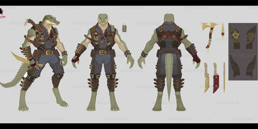 4_toes a-pose alternate_costume anthro axe belt bottomwear bracelet claws clothing digitigrade electronics eye_scar facial_scar feet gold_(metal) gold_axe gold_jewelry gold_knife gold_spikes gold_weapon green_body green_scales jacket jewelry knee_pads knife long_tail male pants scales scar solo spiked_bracelet spikes tail tan_body tan_scales toes topwear walkie-talkie unknown_artist combat_cat_studio wild_assault crock_(wild_assault) crocodile crocodilian reptile scalie absurd_res hi_res model_sheet official_art watermark