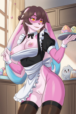 anthro blush breasts clothing easter_egg exposed_breasts female floppy_ears fur genitals holding_object holidays kitchen legwear lop_ears maid_uniform nipple_piercing nipples piercing pink_body pink_fur scut_tail short_tail solo stockings tail uniform vulva anjaide easter remmy_(remybunny) lagomorph leporid mammal rabbit hi_res trans_(lore) trans_woman_(lore)