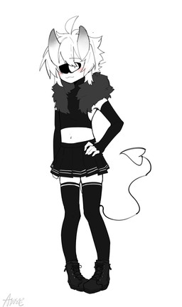 bottomwear clothed clothing crop_top crossdressing femboy fluffy fluffy_hair fur_boa hair horn legwear male pale_skin shirt skirt solo spade_tail tail thigh_highs topwear abuse_(artist) syn_(syn924) cyclops demon humanoid kipino_cyclops hi_res