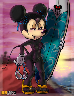 anthro beach black_body black_fur breasts clothing digit_ring eyewear feet female footwear fur genitals gloves goggles handwear jewelry nipples nude ribbons ring sandals seaside shoes solo sunset surfboard toe_ring toes vulva wet wet_body hentai_boy_(artist) disney minnie_mouse house_mouse mammal mouse murid murine rodent hi_res