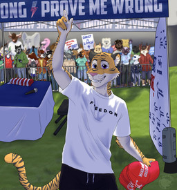 anthro back_wings banner christian_cross christian_symbol clothing conservative cross crowd electronics female fluffy_ear fluffy_ears furniture grass group hat headgear headwear maga_hat male microphone plant raised_finger religion religious_symbol shirt smile table text text_on_clothing text_on_shirt text_on_topwear topwear white_clothing white_shirt white_topwear why wings moonlitmustelid christianity mythology turning_point_usa charlie_kirk avian bear bird dragon elephant elephantid felid flamingo gulonine lagomorph leporid mammal mustelid musteline mythological_creature mythological_scalie pantherine polar_bear proboscidean rabbit scalie tiger ursine wolverine hi_res