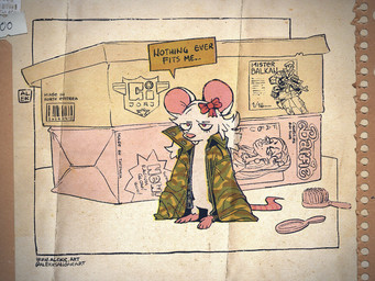 ambiguous_gender anthro box brush camo_jacket clothed clothed_feral clothing complaining container eyelashes feet feral foot_thumb fur hairless_tail jacket long_sleeves micro mirror oversized_clothing oversized_jacket oversized_topwear pink_feet pink_hands pink_inner_ear pink_nose pink_tail red_bow_ribbon red_eyes solo tail topwear toy_box white_body white_fur yellow_speech_bubble alekksandar conditional_dnp barbie_(doll) g.i._joe_(hasbro) hasbro mattel mammal mouse murid murine rodent 2026 4:3