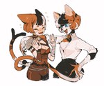 anthro armor bell bell_collar blue_eyes blush blush_lines clothed clothing collar duo embarrassed eyes_closed female female/female hair mottled multicolored_hair open_mouth open_smile piebald pupils slit_pupils smile tail juanmao1997 animal_humanoid calico_cat calico_cat_humanoid cat_humanoid domestic_cat felid felid_humanoid feline feline_humanoid felis humanoid mammal mammal_humanoid hi_res