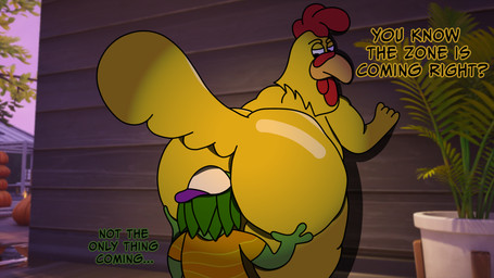 anthro beak big_butt black_eyes butt butt_in_face dialogue duo face_in_ass feathers green_body hand_on_butt hands_on_wall huge_butt looking_back male male/male oral tail text yellow_body yellow_feathers vandoughy epic_games family_guy fortnite fortnite:_battle_royale ernie_the_giant_chicken ziggy_(fortnite) avian bird chameleon chicken galliform lizard phasianid reptile scalie 2025 absurd_res digital_media_(artwork) english_text hi_res