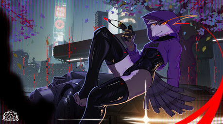 anthro clothing cropped_topwear cyberpunk hood_up hoodie latex latex_clothing latex_legwear latex_stockings legwear male sitting solo stockings topwear suporta oreo_(itsraventm) avian bird corvid corvidae corvus_(genus) crow oscine passerine pied_crow absurd_res hi_res