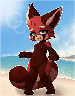 anthro beach blue_eyes blush border facial_markings fangs female flat_chested fur genitals head_markings looking_at_viewer markings multicolored_body multicolored_fur navel nipples nude open_mouth presenting solo standing teeth tongue vulva white_border young young_anthro young_female orez_art aiko_(infamousrel) ailurid mammal red_panda absurd_res hi_res