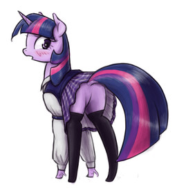 blush bottomwear clothed clothed_feral clothing female feral fetlocks fur highlights_(coloring) hooves horn legwear looking_at_viewer no_underwear open_mouth pattern_bottomwear pattern_clothing pattern_skirt pink_highlights plaid plaid_bottomwear plaid_clothing plaid_skirt purple_body purple_bottomwear purple_clothing purple_eyes purple_fur purple_highlights purple_skirt rear_view simple_background skirt solo stockings thigh_highs unguligrade upskirt white_background white_sleeves king-kakapo friendship_is_magic hasbro my_little_pony mythology twilight_sparkle_(mlp) equid equine mammal mythological_creature mythological_equine unicorn