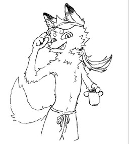 anthro arms_bent beverage beverage_can bottomwear bow_tie canned_drink clothed clothing constricted_pupils fangs fur hair hat headgear headwear male neck_hair pinch ponytail pupils raised_arms shorts shorts_only simple_background small_pupils smile smirk solo standing tail teeth tongue topless white_body white_fur mixia cricket_chen arctic_fox canid canine fox mammal true_fox hi_res monochrome traditional_media_(artwork)