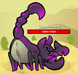 4_eyes anus black_eyes bodily_fluids butt cactus claws desert dripping_vulva exoskeleton female feral gameplay_mechanics genital_fluids genitals glistening glistening_eyes gui health_bar horn looking_at_viewer looking_back multi_eye plant presenting presenting_hindquarters presenting_vulva purple_body raised_tail rear_view solo tail ussy_(suffix) vaginal_fluids vulva pincoosh megabonk scorpionussy arachnid arthropod scorpion digital_media_(artwork) hi_res signature