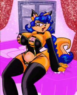 anthro big_breasts breasts clothing curly_hair female hair huge_breasts lingerie lipstick makeup nipples tail thick_thighs undercover redmagejacob sly_cooper_(series) sony_corporation sony_interactive_entertainment sucker_punch_productions carmelita_fox hi_res