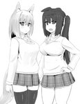 big_breasts bottomwear breasts clothed clothing duo female hand_on_hip legwear simple_background skirt thigh_highs white_background nao_(artist) animal_humanoid humanoid digital_media_(artwork) monochrome shaded