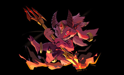 2_toes 3_fingers accessory anthro barefoot black_background claws clothing digit_ring feet fingers fire fur gem gold_(metal) gold_jewelry gold_legband gold_ring headgear headwear holding_melee_weapon holding_object holding_polearm holding_trident holding_weapon horn jewelry looking_at_viewer male male_anthro melee_weapon open_mouth polearm red_body red_eyes red_fur ring rock simple_background smile solo teeth_showing text toe_claws toe_ring toes trident weapon haluto league_of_legends riot_games tencent devil_fizz fizz_(lol) demon marine yordle 2025 dated digital_media_(artwork) hi_res