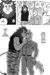 anthro biceps big_muscles comic conjoined_speech_bubble dialogue english_text felid greyscale hi_res kissing lion male male/male mammal monochrome muscular muscular_male pantherine pecs ryuu_majin speech_bubble text