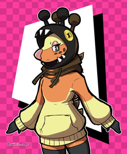 anthro anthrofied checkered checkered_background clothing female fur green_eyes hoodie humanoid_hands legwear looking_at_viewer orange_body orange_fur pattern_background pink_background pokemorph simple_background solo thigh_highs topwear yellow_body yellow_fur somesacredbird nintendo pokemon farigiraf generation_9_pokemon pokemon_(species) 2022 digital_drawing_(artwork) digital_media_(artwork) hi_res