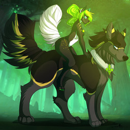 anthro black_body black_fur black_nose black_tail blue_eyes collar detailed_background duo feral forest fur green_hair hair multicolored_body multicolored_fur multicolored_tail nature outside plant riding side_view size_difference smile straddling tail tree two_tone_body two_tone_fur white_body white_fur aimi canid canine canis mammal wolf 1:1 digital_media_(artwork) full-length_portrait hi_res portrait signature