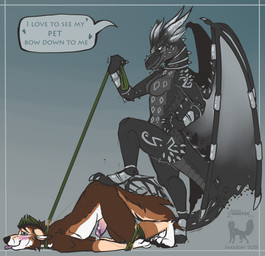 anthro ass_up biped blush bodily_fluids bound claws collar dominant dominant_anthro dominant_female dominatrix duo erection feet female foot_on_butt genital_fluids genitals gradient_background green_collar green_leash hogtied horn leash leash_pull male nude penis precum simple_background smile step_pose submissive submissive_anthro submissive_male tail wings atelierlunatic european_mythology kinktober mythology canid canine canis dragon mammal mythological_creature mythological_scalie reptile scalie western_dragon wolf absurd_res digital_media_(artwork) hi_res