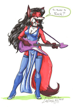 4_fingers anthro biped black_hair black_nose blue_clothing blue_dress breasts choker cleavage clothed clothing dipstick_tail dress electric_guitar electronics eyebrows eyelashes fangs female fingers fluffy fluffy_tail footwear garter_straps gloves_(marking) guitar hair high_heels jewelry legwear long_hair looking_at_viewer markings microphone multicolored_tail musical_instrument necklace open_mouth playing_guitar playing_music plucked_string_instrument shoes simple_background slit_dress solo standing stockings string_instrument tail tail_markings teeth thigh_highs tongue white_background lizardbeth cassie_the_rock_vixen canid canine fox mammal signature