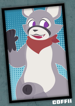 anthro big_penis fangs fur genitals grey_body grey_fur kerchief male penis screen smile solo teeth coffii indigo_park rambley_raccoon mammal procyonid raccoon absurd_res hi_res