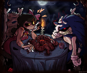 4_hands :3 angry anthro bare_shoulders big_breasts big_butt black_body black_hair black_sclera blood blood_from_eye blue_body blue_fur bodily_fluids bone bow_ribbon bracelet breast_rest breasts brown_body brown_skin butt candle clothing corpse crossover_ship cute_fangs dairy_products date dinner dinner_date disappointed disguise dress duo eyeball fangs female fire food freckled_breasts freckled_face freckled_shoulders freckles fur furniture gem gloves glowing glowing_eyes gore grey_body guts hair hand_on_face hand_on_table handwear heart_symbol hearts_around_head holidays intestines jewelry leather light machine male male/female meat metal metallic_body moon moonlight multi_hand night nightmare_fuel organs pearl_(gem) pearl_bracelet red_bow red_clothing red_dress red_eyes romantic romantic_ambiance romantic_couple scar scars_all_over screen screen_face seam_(sewing) segmented_body severed_body_part severed_head sharp_teeth sitting skinsuit star stitch_(sewing) surgical_suture table teeth text thick_thighs tight_clothing tree_stump upset white_body wide_hips x_eyes yellow_eyes yogurt diddlydooter1 glitch_productions murder_drones sega sonic.exe_(creepypasta) sonic_the_hedgehog_(series) valentine's_day cyn_(murder_drones) sonic.exe tessa_(murder_drones) eldritch_abomination eulipotyphlan hedgehog human humanoid mammal patchwork_creature robot robot_humanoid undead worker_drone zombie artist_name crossover digital_drawing_(artwork) digital_media_(artwork) hi_res meme signature
