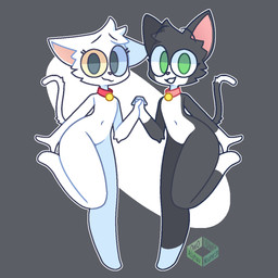 anthro black_body black_eyebrows black_fur closed_smile collar dipstick_tail duo eyebrows eyelashes feet female femboy fur gloves_(marking) green_eyes grey_background hand_holding heterochromia logo looking_at_viewer male markings mouth_closed multicolored_body multicolored_fur navel on_one_leg open_mouth open_smile pink_collar pink_inner_ear pink_nose raised_eyebrows red_collar simple_background smile standing tail tail_markings text white_body white_feet white_fur white_hands aiyhav_nouneim meloncholy_(aiyhav_nouneim) neko_obama_(aiyhav_nouneim) domestic_cat felid feline felis mammal 1:1 2020 artist_logo artist_name