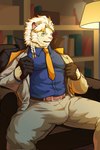 anthro blonde_hair blue_eyes bulge clothing dress_shirt fur hair lamp looking_at_viewer male muscular muscular_anthro muscular_male necktie shirt solo spread_legs spreading topwear white_body white_fur poroporo_08 lifewonders live_a_hero astosis felid lion mammal pantherine hi_res