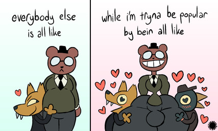anthro blush blush_lines bottom_heavy bottomwear brown_body brown_fur bulge clothing curvy_figure eyelashes eyewear fangs femboy fur glasses gradient_background grin hat headgear headwear heart_eyes heart_symbol hug huge_hips huge_thighs hyper hyper_thighs jacket logo male necktie null_bulge orange_body orange_fur pants simple_background size_difference slightly_chubby small_waist smile sweater teeth text thick_thighs thigh_hug topwear wide_hips thatdawgmurray night_in_the_woods angus_delaney germ_warfare_(nitw) gregg_lee avian bear bird canid canine fox mammal aliasing artist_logo artist_name digital_media_(artwork) english_text hi_res signature