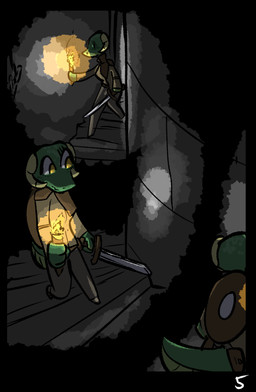 anthro female holding_melee_weapon holding_object holding_sword holding_weapon horn melee_weapon shield_on_back solo stairs stairwell sword torch weapon yellow_eyes brradett microsoft the_elder_scrolls lernie_(brradett) argonian scalie absurd_res comic hi_res