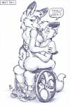 2010 anthro bottomwear bottomwear_down breasts canid canine clothed clothing dialogue duo english_text female flinters fox lagomorph leporid looking_back male male/female mammal nipples nude pants pants_down partially_clothed rabbit text tracy_(sugarnutz) vehicle wheelchair