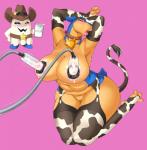 animal_print anthro big_breasts blush bodily_fluids breast_milking breasts clothing cow_print cowbell female garter_straps genitals huge_breasts lactating legwear machine milking_machine pussy simple_background stirrup_stockings stockings mewpan nintendo pokemon deadpliss_(character) generation_2_pokemon pokemon_(species) typhlosion