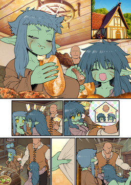biped blush bottomwear bread breasts clothed clothing detailed_background eating eyebrows eyelashes eyes_closed female food group hair inside male mouth_closed not_furry open_mouth pupils scared smile thick_thighs three-quarter_view topwear amano_jack goblin human mammal censored comic