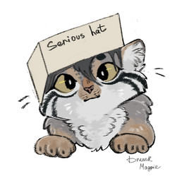 anthro black_claws box box_on_head claws container female fur grey_hair hair inner_ear_fluff multicolored_body multicolored_fur pink_nose red_paws silly silly_face solo striped_body striped_fur stripes tuft white_body white_fur yellow_eyes drunkmagpie felid feline mammal pallas's_cat 2026 graphite_(artwork) icon meme sketch traditional_media_(artwork)