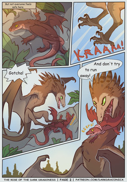 4_panel_comic ambiguous_gender bodily_fluids brown_body claws dialogue duo fangs feet feet_first feral membrane_(anatomy) membranous_wings motion_lines multicolored_body oral_vore page_number pinned plant quadruped red_body saliva saliva_string shadow size_difference speech_bubble sun tail talons teeth text toe_claws toes tongue tongue_out vore wings darkdraconica european_mythology mythology dragon lizard mythological_creature mythological_scalie reptile scalie western_dragon wyvern 2022 absurd_res artist_name comic digital_drawing_(artwork) digital_media_(artwork) english_text hi_res multiple_scenes shaded url