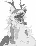 ambiguous_gender antlers blindfold bodily_fluids disembodied_hand drooling duo feral fluffy fur horn long_tongue open_mouth petted_silly petting saliva scratching semi-anthro sharp_teeth simple_background teeth tongue tongue_out white_background paperclip_(artist) bloodborne fromsoftware mythology sony_corporation sony_interactive_entertainment vicar_amelia beast_(bloodborne) canid canine canis mammal monster mythological_canine mythological_creature werecanid werecanine werecreature werewolf wolf hi_res monochrome