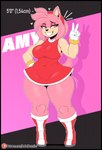 abstract_background anthro big_breasts black_border border breasts clothed clothing curvy_figure dress ear_piercing ear_ring female footwear fur gesture gloves green_eyes hair hand_gesture hand_on_hip handwear looking_at_viewer measurements piercing pink_body ring_piercing short_stack simple_background solo standing tail text thick_thighs v_sign wide_hipped_female wide_hips lobokosmico sega sonic_the_hedgehog_(series) amy_rose eulipotyphlan hedgehog mammal 2024 absurd_res digital_drawing_(artwork) digital_media_(artwork) hi_res