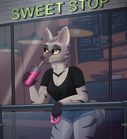 anthro beverage bottomwear cafe clothing denim denim_bottomwear denim_clothing denim_shorts dessert doughnut drinking female food fur glass grey_body grey_fur mall pastry shirt shorts smoothie solo stripes t-shirt topwear yellow_eyes warest canid canine hyena mammal hi_res