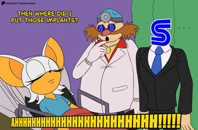 bed black_clothing black_nose black_suit black_wings blue_clothing blue_necktie blue_shirt blue_topwear clothing curtains ears_up ellipsis female fur furniture group hair looking_at_another male necktie on_bed open_mouth parody screaming shirt standing suit tan_body tan_fur topwear trio white_hair wings flashpointgear sega sonic_the_hedgehog_(series) the_simpsons dr._eggman rouge_the_bat bat human humanoid mammal absurd_res hi_res