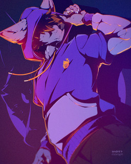 anthro brown_hair clothed clothing covered_eyes fur hair hood_up hoodie inner_ear_fluff low-angle_view male nails purple_body purple_fur simple_background solo topwear tuft vitiligo andre_moraph andre_moraph_(character) canid canine canis mammal wolf 2026 4:5 absurd_res digital_drawing_(artwork) digital_media_(artwork) film_grain flat_colors hi_res shaded signature