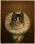 19th_century ambiguous_gender ancient_art bell bell_collar black_body black_fur border brown_background brown_body brown_fur clothed clothed_feral clothing collar domestic_cat felid feline felis feral frederick_dielman front_view fur half-length_portrait hi_res inner_ear_fluff lithograph_(artwork) looking_at_viewer mammal mouth_closed multicolored_body multicolored_fur portrait pupils ruff_(clothing) simple_background sitting slit_pupils snout solo tan_border traditional_media_(artwork) tuft white_body white_fur yellow_eyes