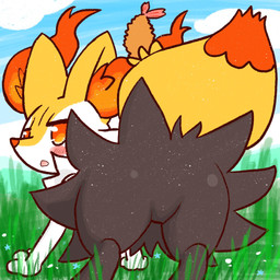 :o all_fours ambiguous_anthro ambiguous_gender anthro biped blush butt butt_shot detailed_background digitigrade featureless_crotch food grass looking_at_viewer looking_back looking_back_at_viewer open_mouth outside plant rear_view shrimp_(food) snout solo annyui0611 nintendo pokemon braixen canid generation_6_pokemon mammal pokemon_(species) 1:1 2022 digital_drawing_(artwork) digital_media_(artwork) hi_res japanese_description translated_description