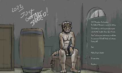anthro barrel box brown_body brown_fur container feet frown fur inside male nipples nude nude_male sitting slave solo tail text white_text yellow_eyes jeri_kleinlowe microsoft the_elder_scrolls felid feline khajiit mammal 2022 5:3 dated story story_in_description